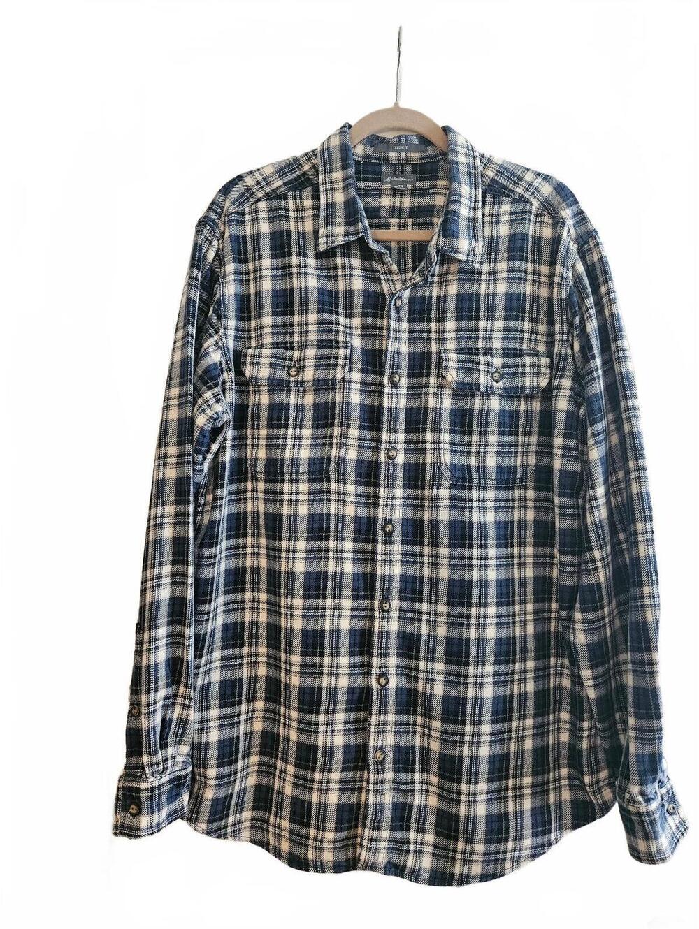 Eddie Bauer Classic Fit Men's XLT Blue & White Plaid Cotton Flannel Shirt-Fall